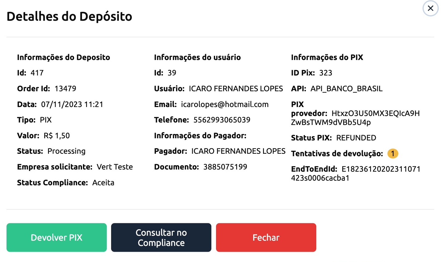 Status do Depósito