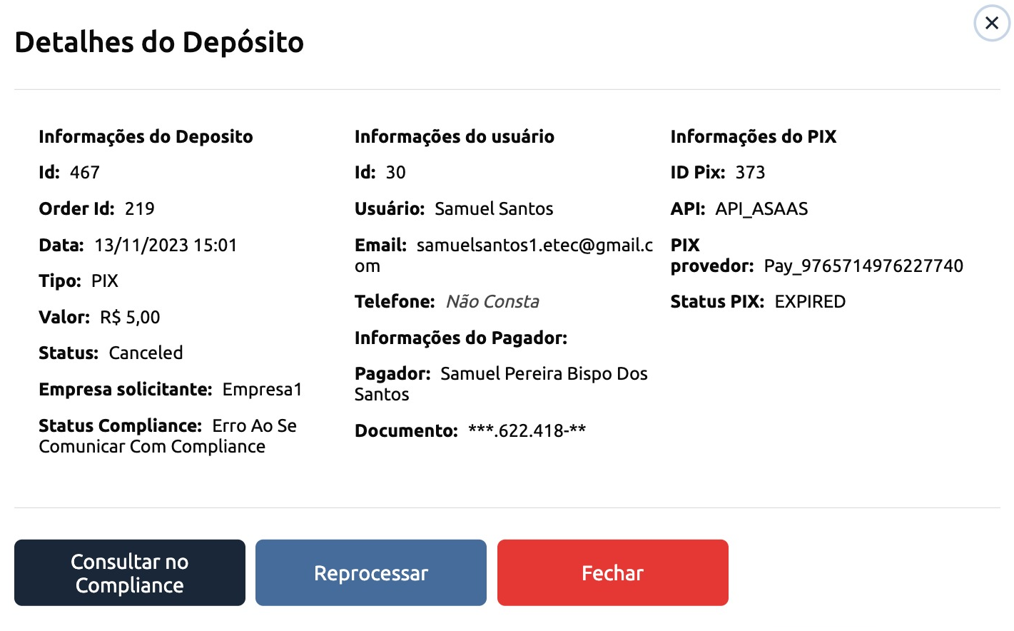 Status do Depósito