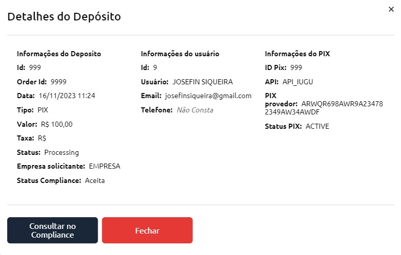 Status do Depósito