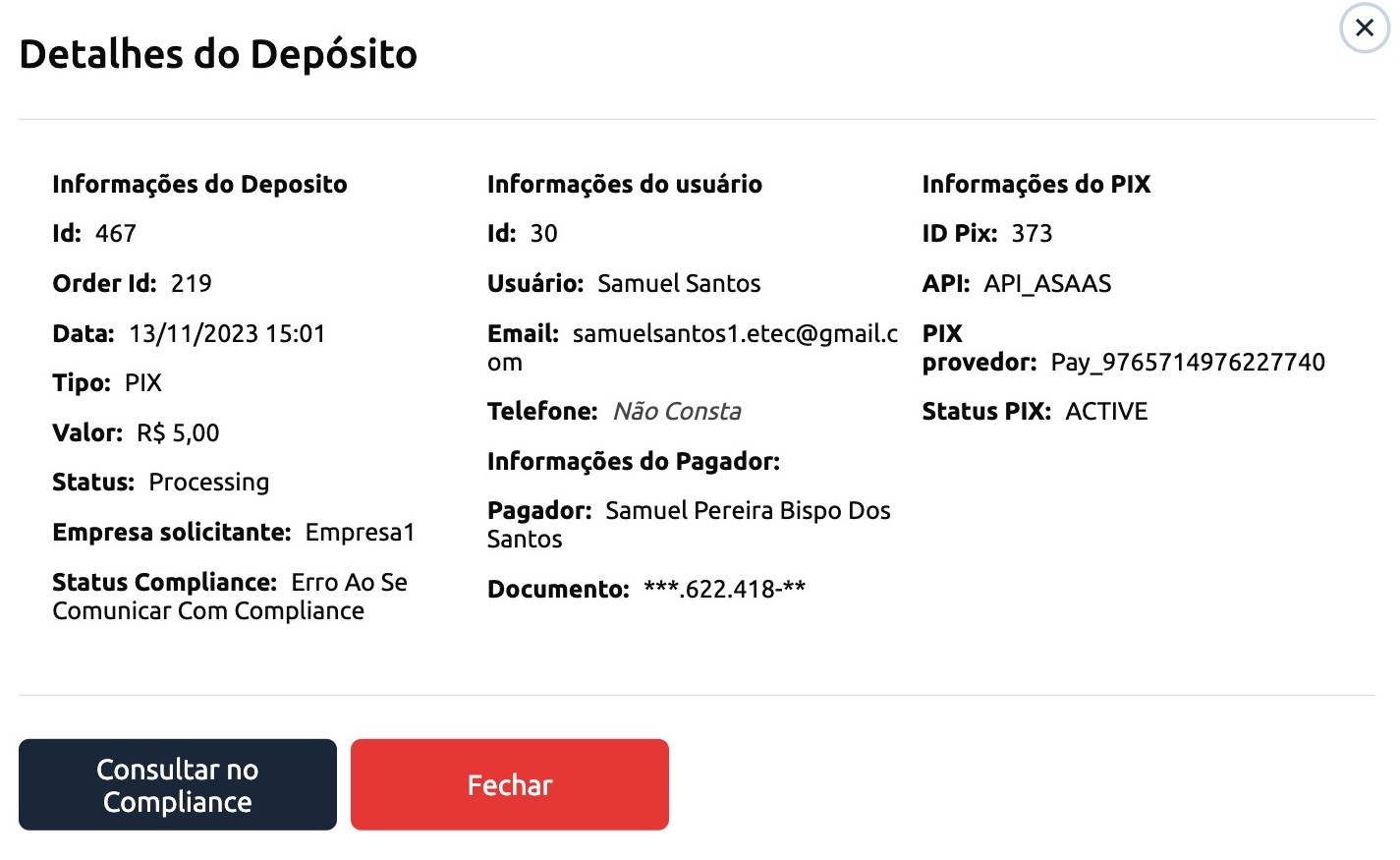 Status do Depósito