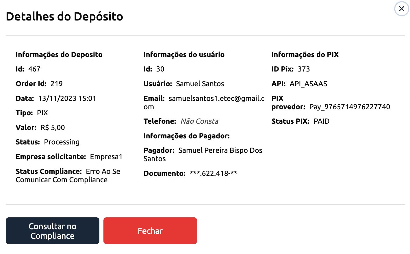 Status do Depósito